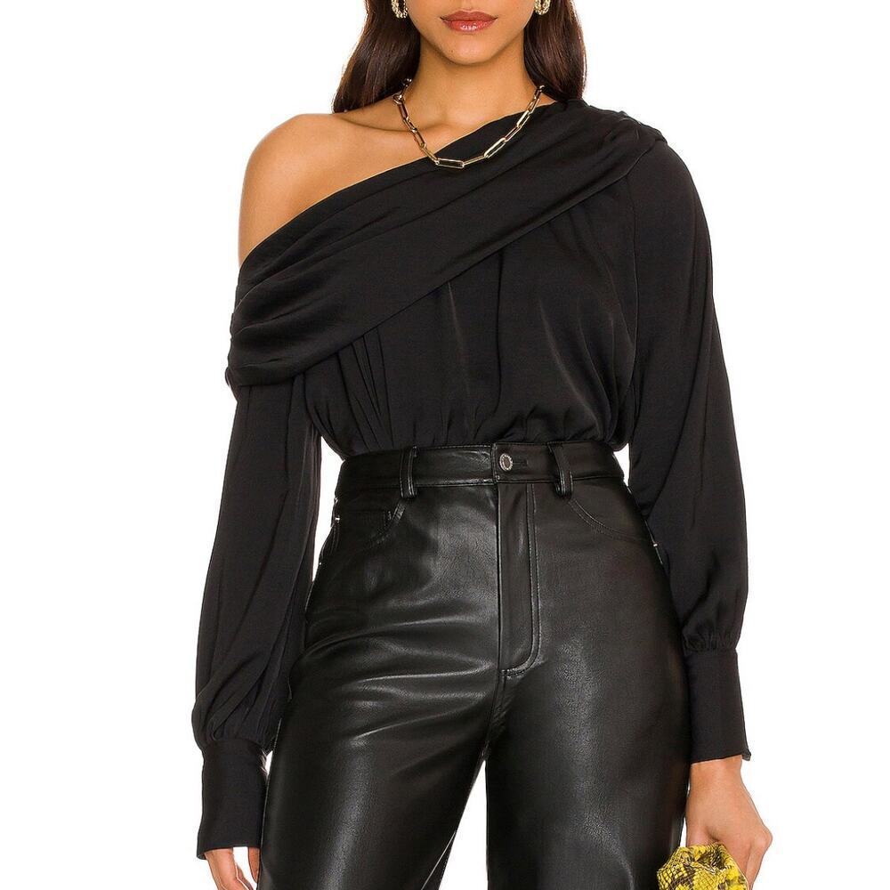 Free People Jenna Top Off One Shoulder Black Long Sleeve Blouse Bubble Hem XS